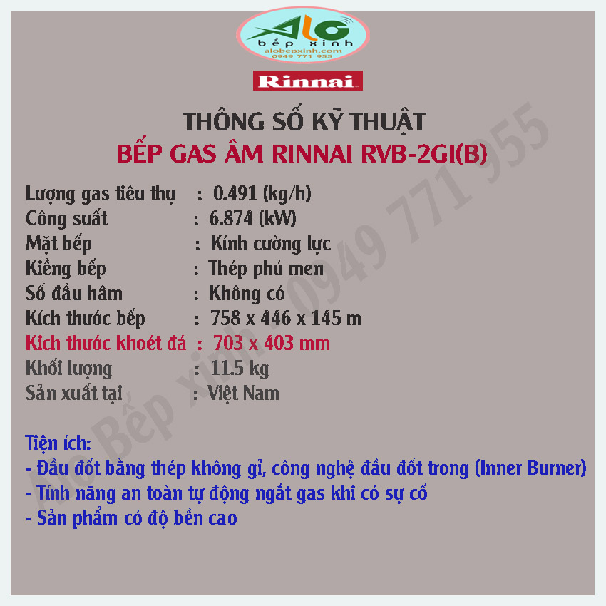 Bếp gas âm Rinnai RVB-2GI(B) - Hàng chính hãng