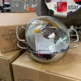 Nồi Kèm Xửng Hấp Inox 3 Đáy Cao Cấp Fivestar 20cm Vung Kính